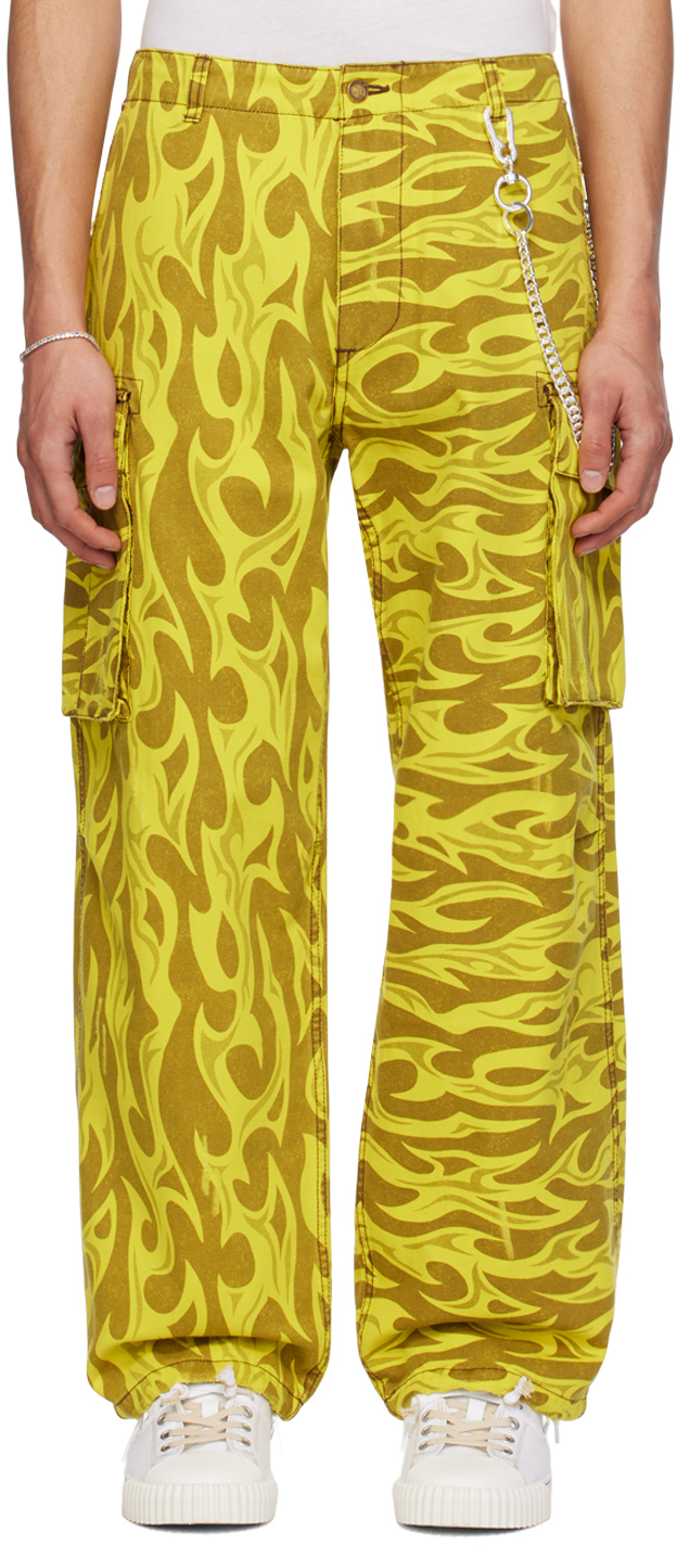 Shop Erl Yellow Printed Cargo Pants In Yellow Flame