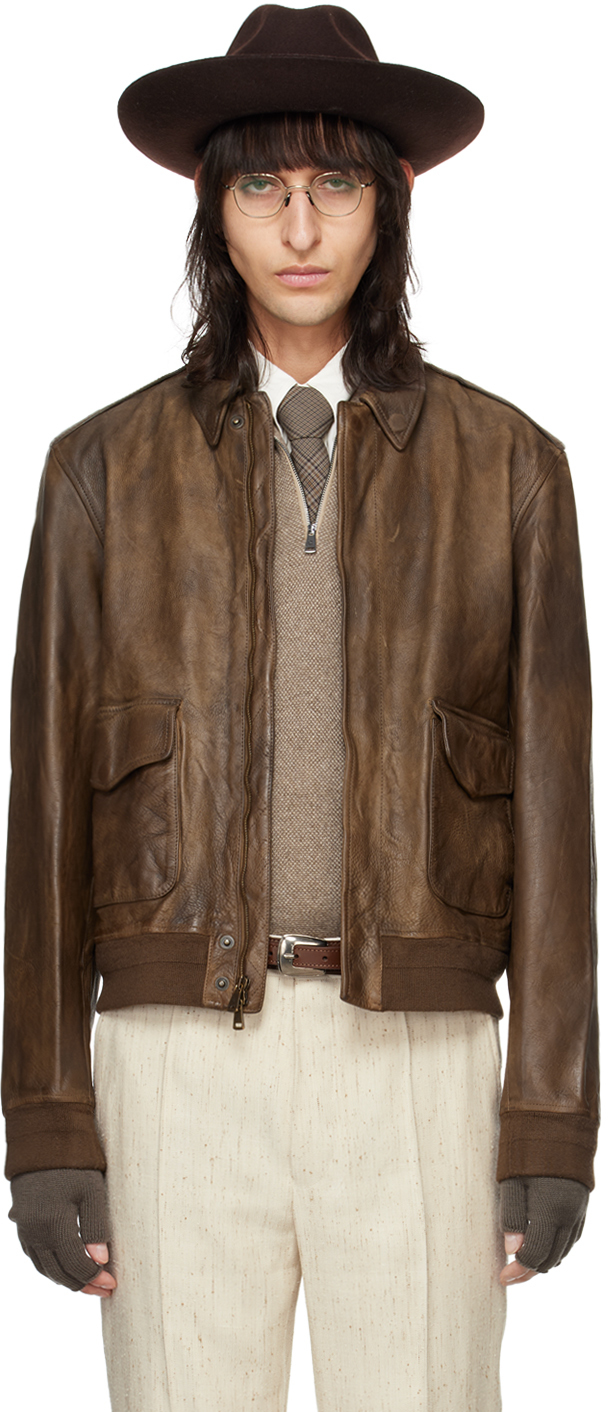 Shop Ralph Lauren Purple Label Brown Ridley Leather Bomber Jacket In Vintage Brown