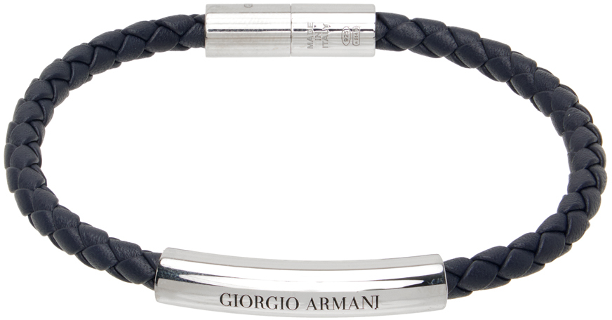 Shop Giorgio Armani Navy Braided Leather Bracelet In 2883 Agata - Agate