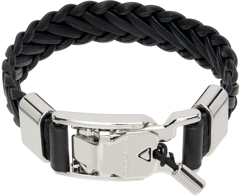 Shop Giorgio Armani Black Woven Leather Bracelet In 20 Nero - Black