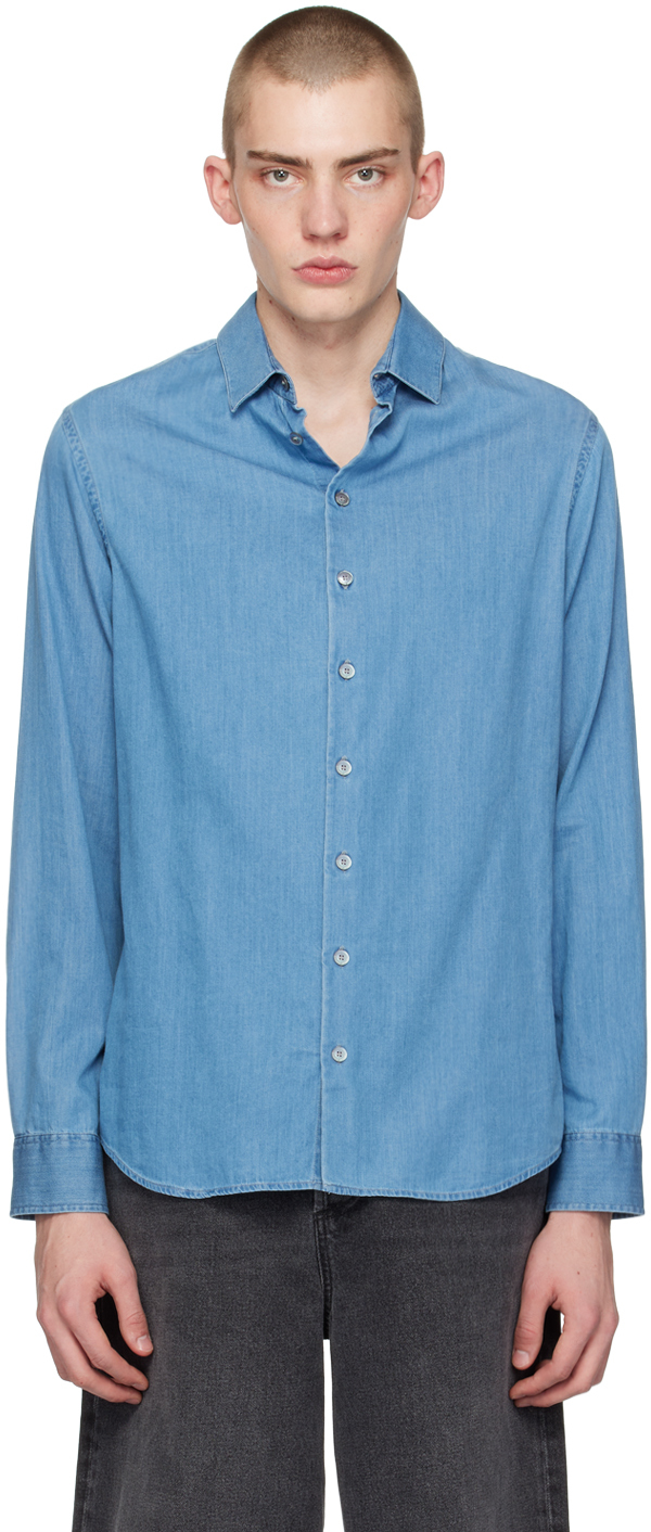 Shop Giorgio Armani Blue Spread Collar Denim Shirt In U9m3 Bleach Denim