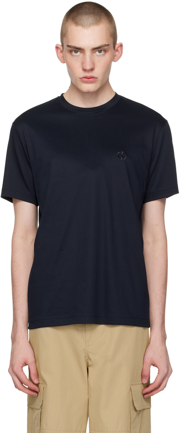 Shop Giorgio Armani Navy Embroidered T-shirt In Ubwf Blu Notte