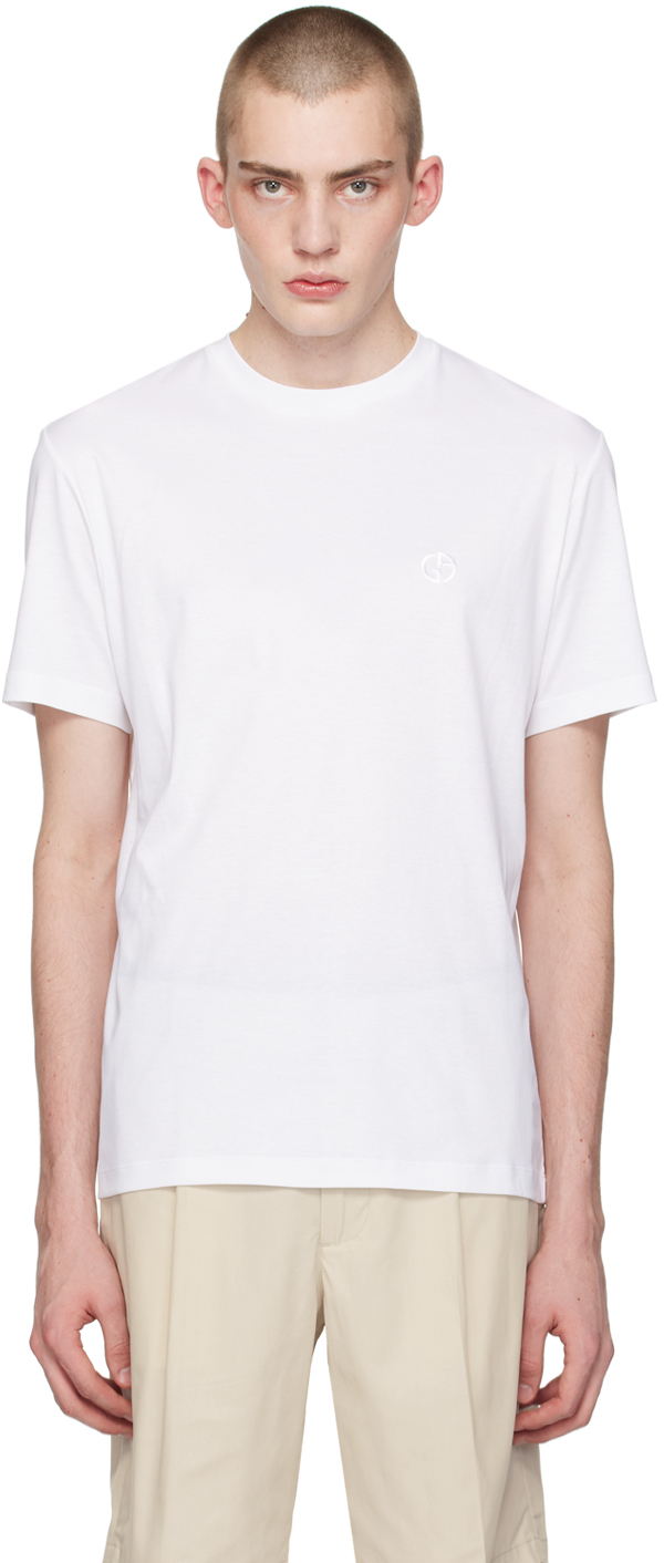 White Embroidered T-Shirt by Giorgio Armani on Sale