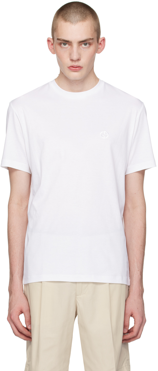 Shop Giorgio Armani White Embroidered T-shirt In U090 Bianco Ottico