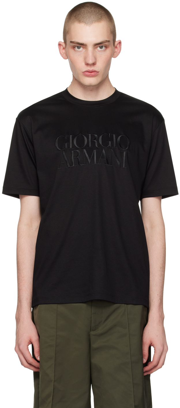 Shop Giorgio Armani Black Embroidered T-shirt In Uc99 Nero