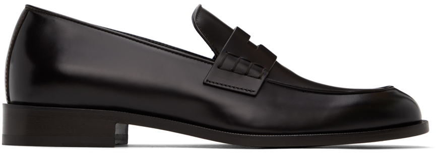 Shop Giorgio Armani Black Leather Loafers In 158 Ebano