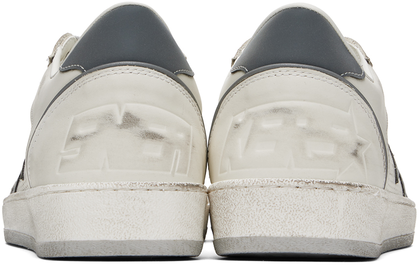 Golden Goose Ball Star Sneakers In Vintage Effect Leather With Olive Green Leather Star And Crocodil In 80185 White/silver