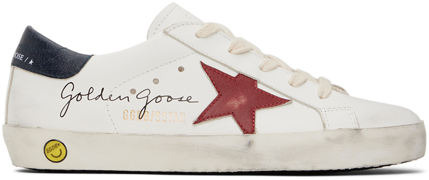 Golden Goose Kids White Super-star Signature Vintage Leather Sneakers In White/red/dark Blue