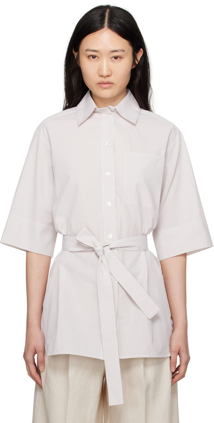 Chemisier Max Mara Studio En Coton Blanc Rayé Rose - Taille L 40/42 - Occasion Très Bon état