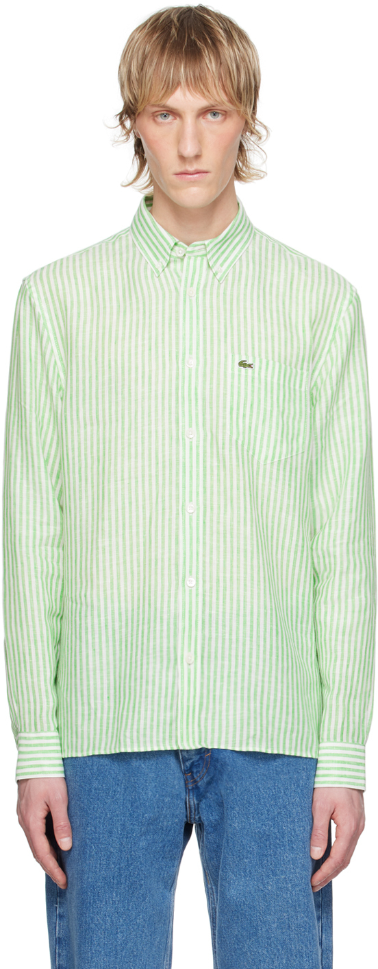 Shop Lacoste Green & White Striped Shirt In White/peppermint