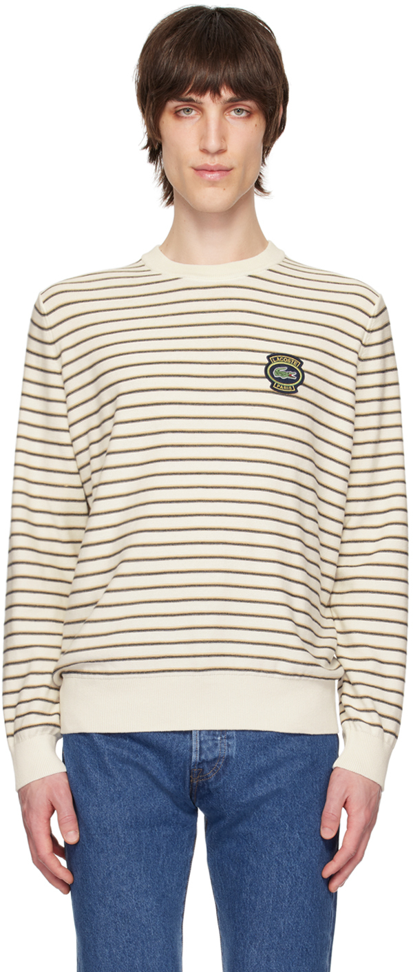 Shop Lacoste Off-white Striped Sweater In Flour/croissant