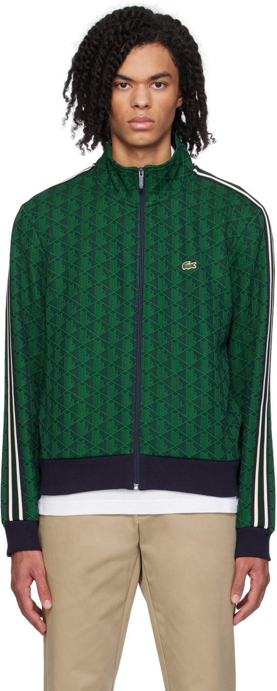 Lacoste Monogram-jacquard Zipped Sweatshirt In 绿色