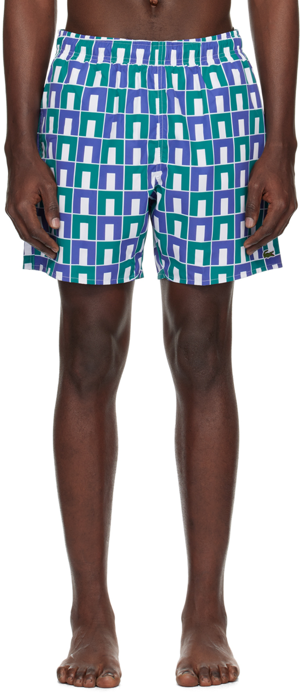 Shop Lacoste Blue & Green Printed Swim Shorts In Mascarpone