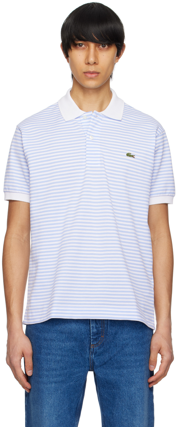 Lacoste Blue & White Striped Polo In White/overview