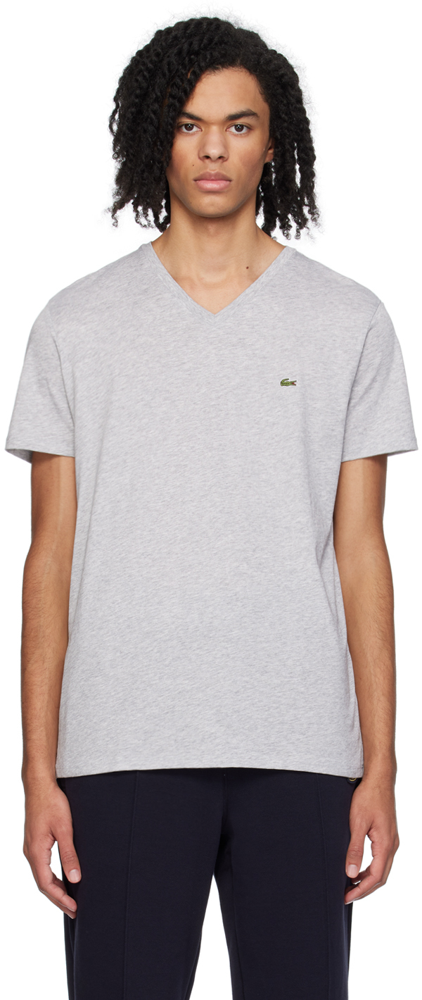 Lacoste Grey V-neck T-shirt In Silver Chine