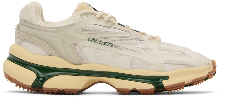 Shop Lacoste Ssense Exclusive Off-white Highsnobiety Edition L003 2k24 Sneakers In Wg1 Off White/grn