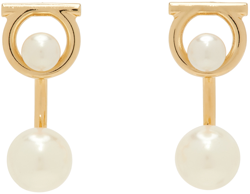 Shop Ferragamo Gold Gancini Faux-pearl Earrings In 001 Oro + Perle