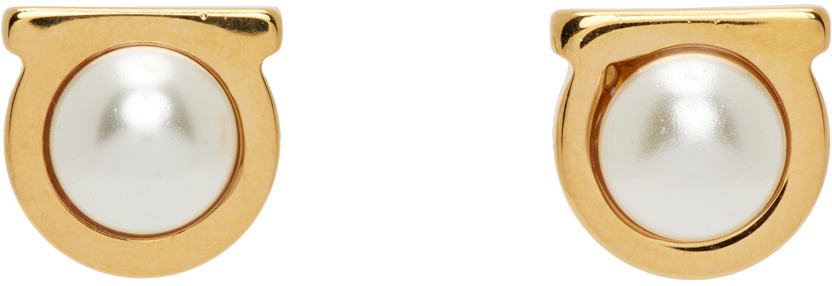 Ferragamo Gold Gancini Pearl Earrings In 001 Cream+orogio