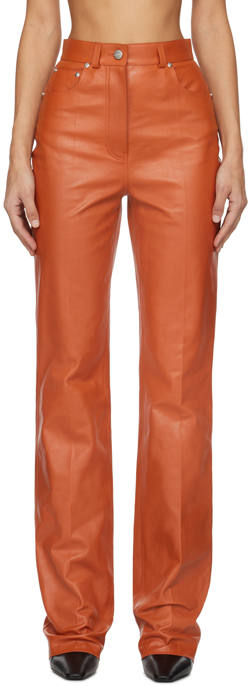 Orange Five-Pocket Leather Pants