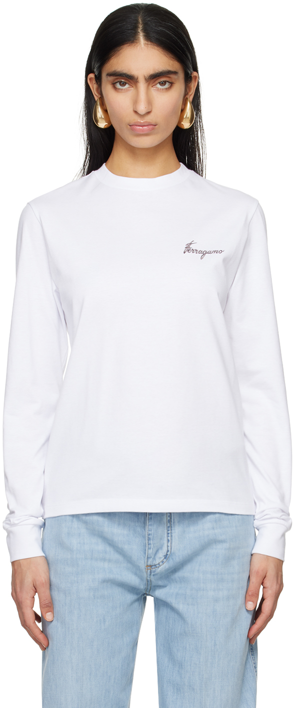 Shop Ferragamo White Printed Long Sleeve T-shirt In 001 Persimmon
