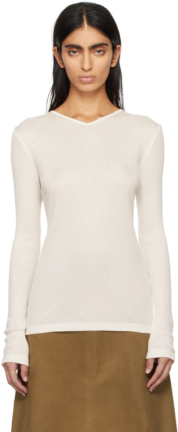 Ferragamo Off-white V-neck Long Sleeve T-shirt In 002 Offwhite