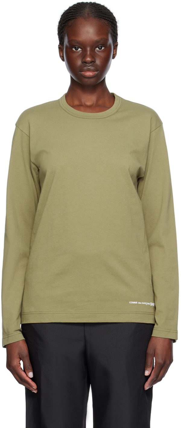 Shop Comme Des Garçons Shirt Khaki Printed Long Sleeve T-shirt In 3 Khaki