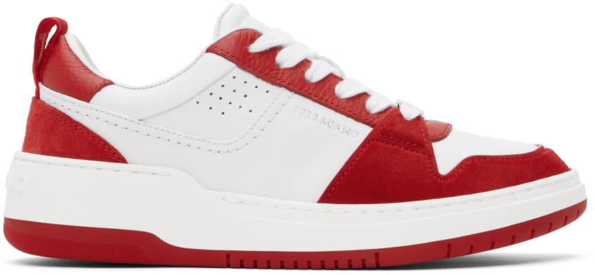 Shop Ferragamo White & Red Suede Patch Skate Sneakers In 001 Flame Red
