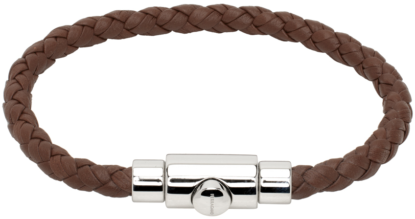 Ferragamo Brown Braided Leather Bracelet In Barkbro+pldluc