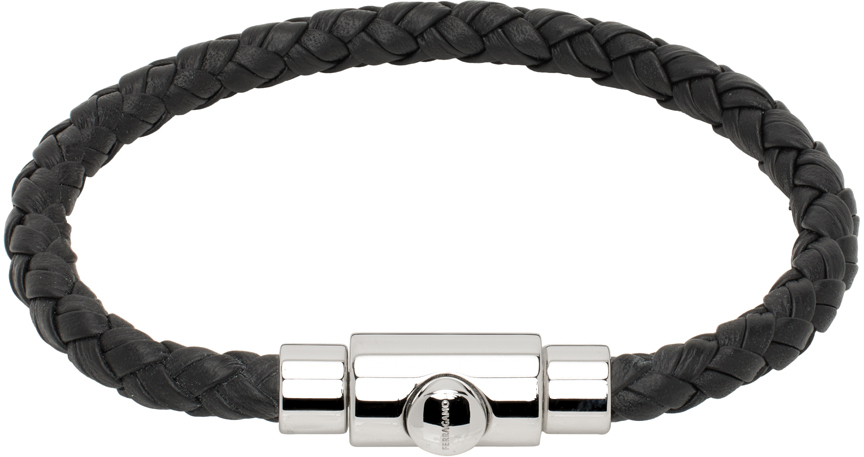 Ferragamo Black Braided Leather Bracelet In Nero+pld Lucid