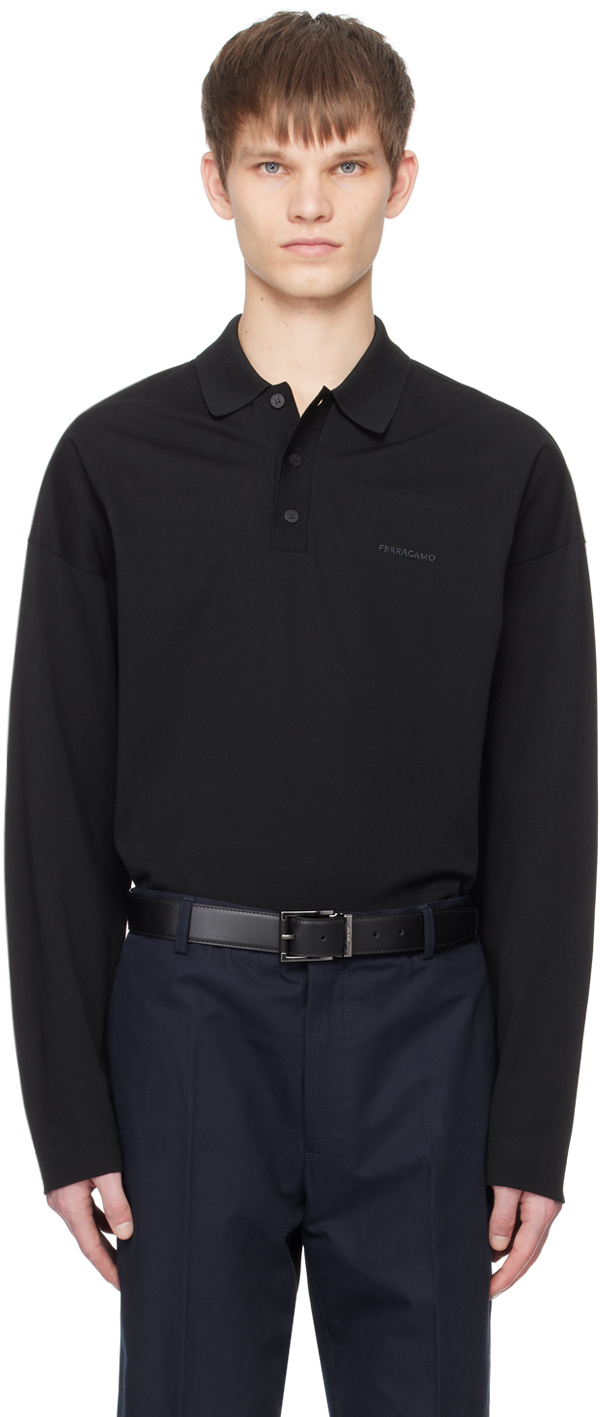 Ferragamo Long Sleeve Lurex Polo Shirt In Black