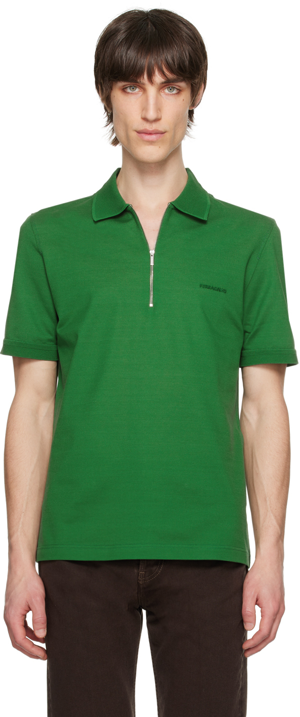 Ferragamo Man Polo With Zip Collar In Forest Green