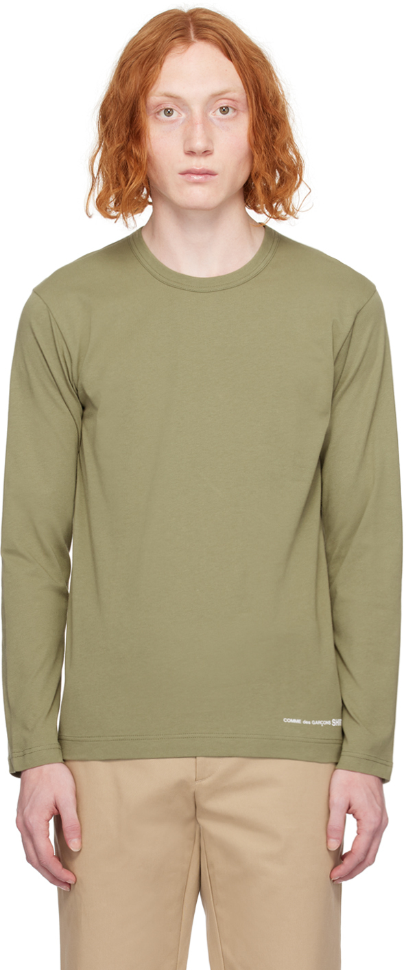 Shop Comme Des Garçons Shirt Khaki Printed Long Sleeve T-shirt In 3 Khaki