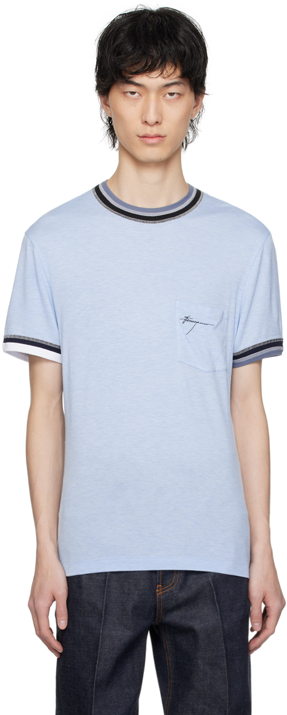 Shop Ferragamo Blue Embroidered T-shirt In 4972/319 Light Blue