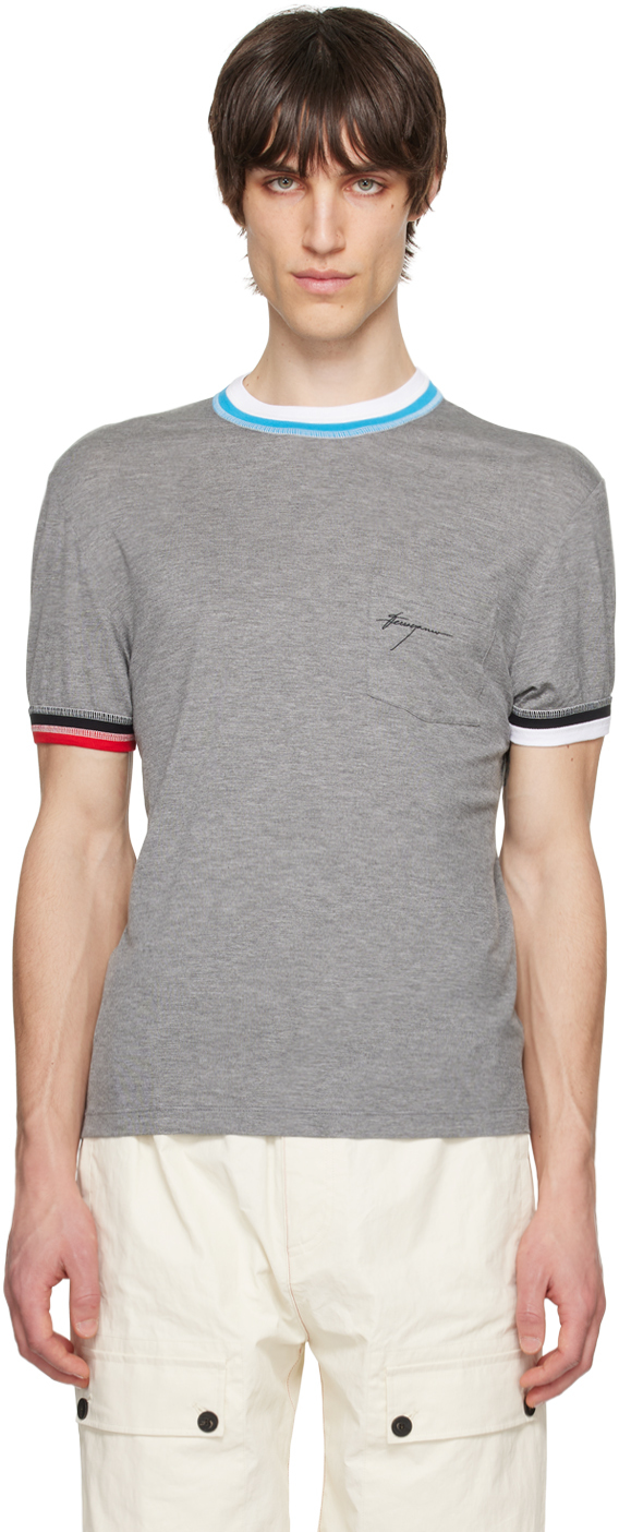 Shop Ferragamo Gray Embroidered T-shirt In 4972/309 Ash Grey