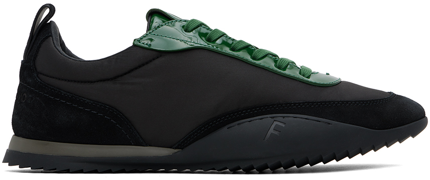 Shop Ferragamo Black & Green Patent Leather Trim Sneakers In Nero/forest Green