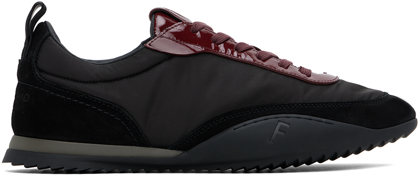 Shop Ferragamo Black & Burgundy Patent Leather Trim Sneakers In Nero/bordeaux