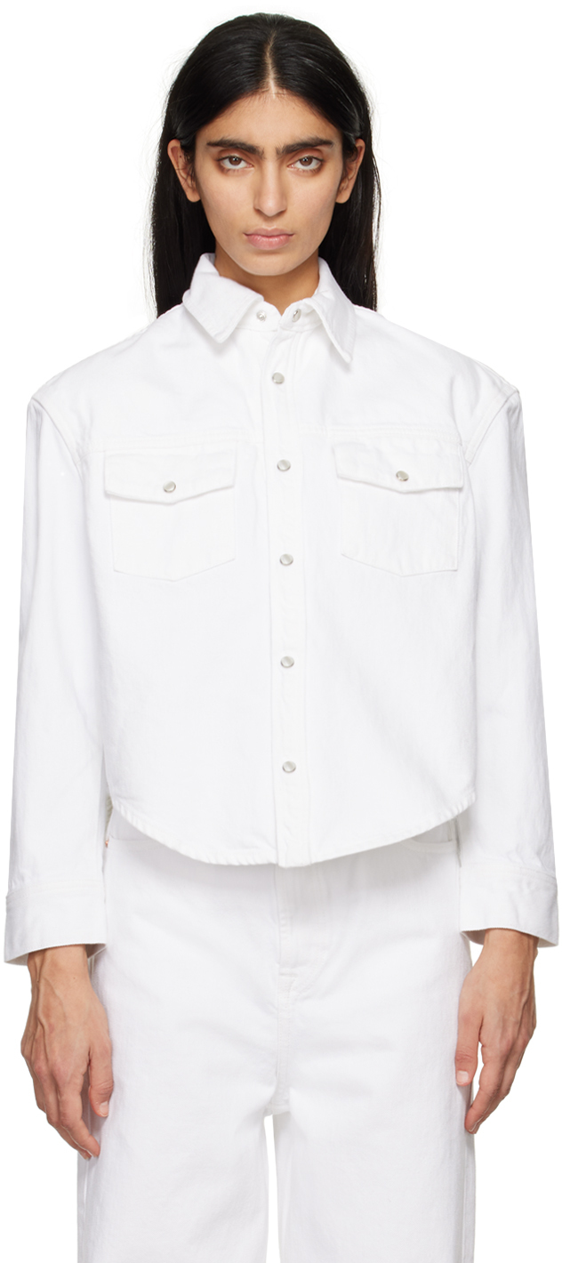 White PressStud Denim Jacket by WARDROBE.NYC on Sale