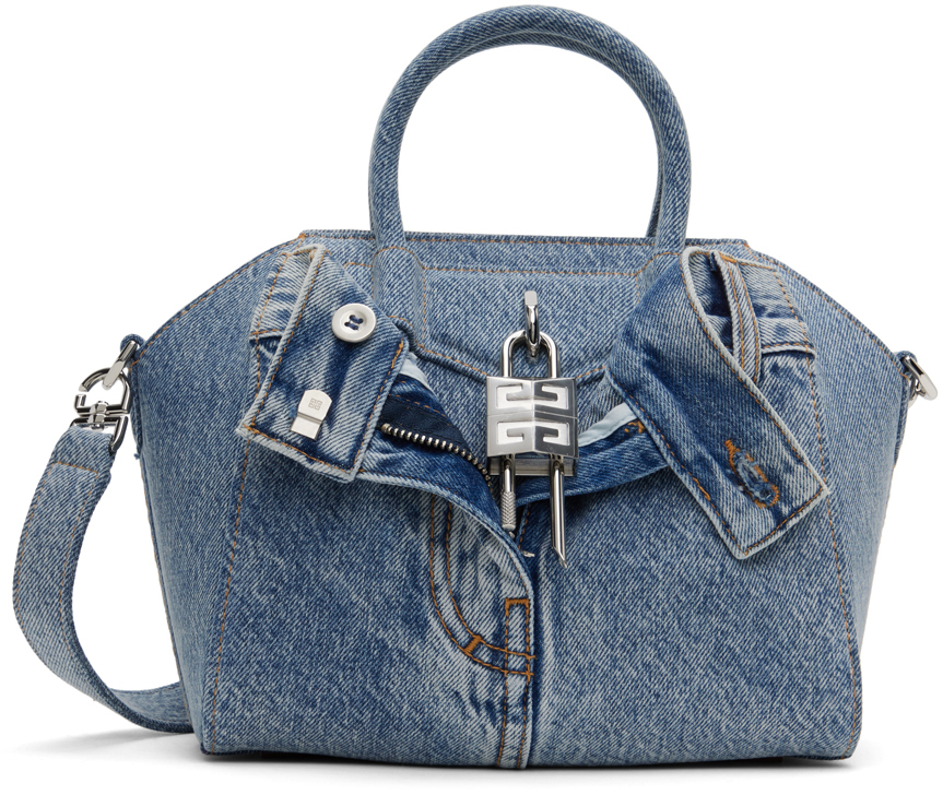 Blue Mini Antigona Lock Denim Bag