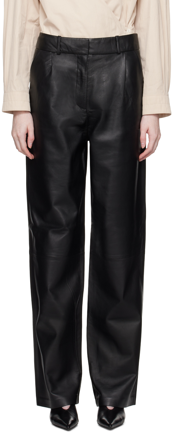 Black Pleated Leather Trousers