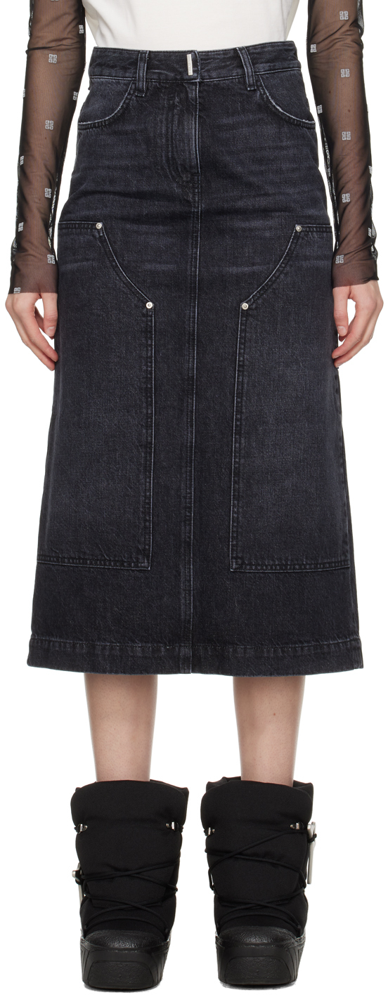 Black Reinforced Panel Denim Midi Skirt