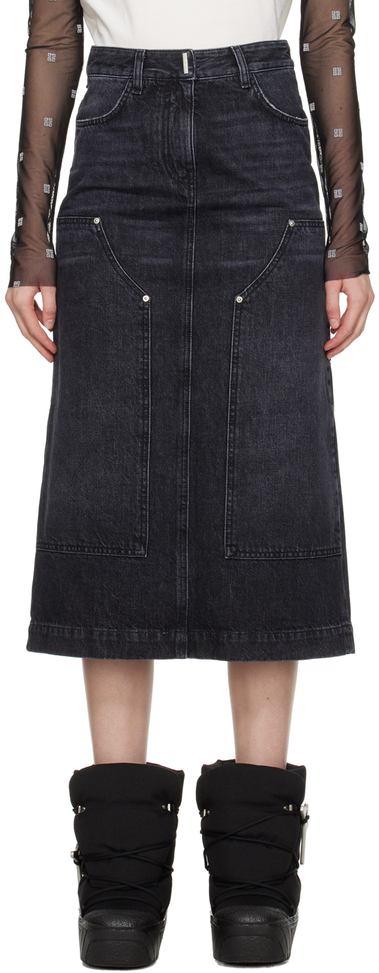 Givenchy: Black Reinforced Panel Denim Midi Skirt | SSENSE
