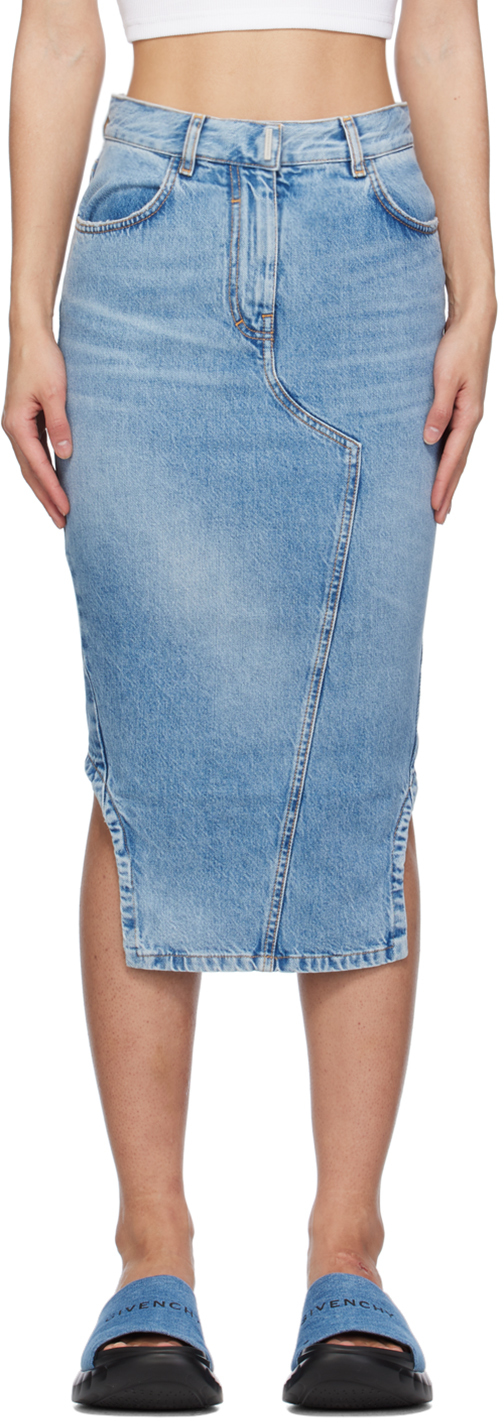 Blue Asymmetric Denim Midi Skirt