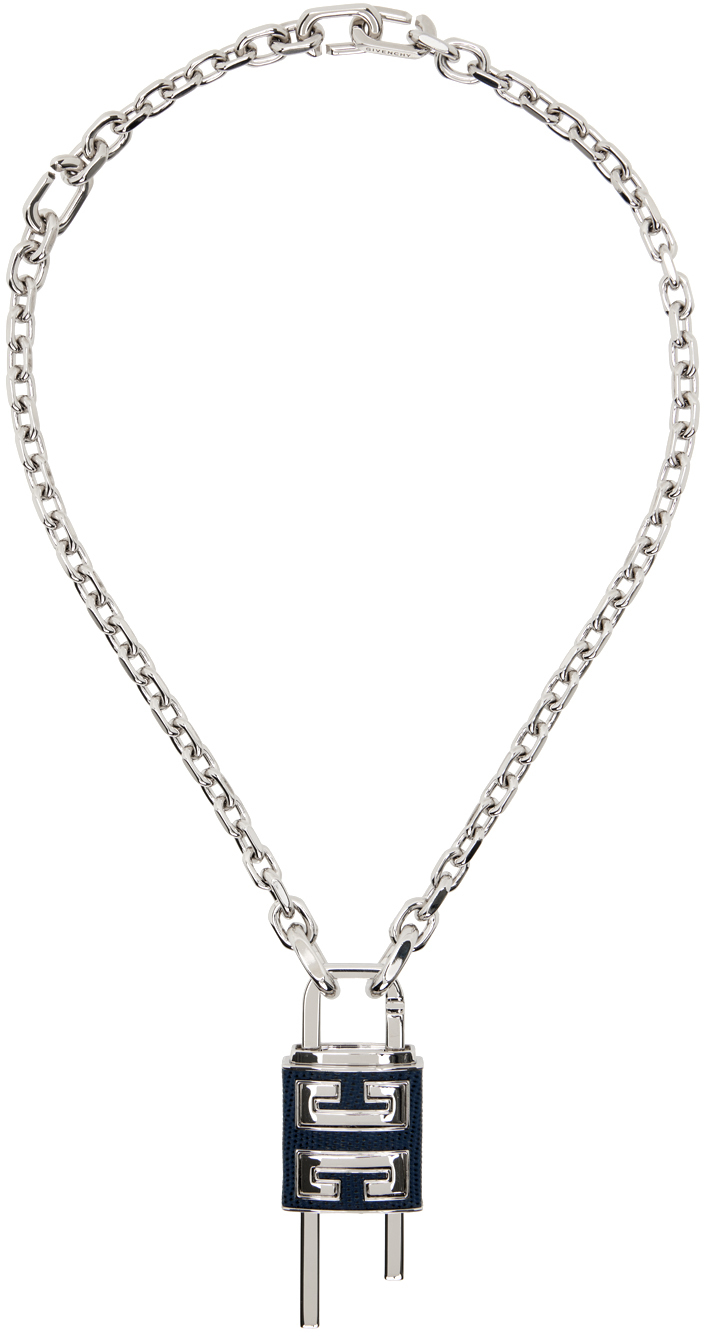 Shop Givenchy Silver Small Lock Necklace In 462-blue/silvery