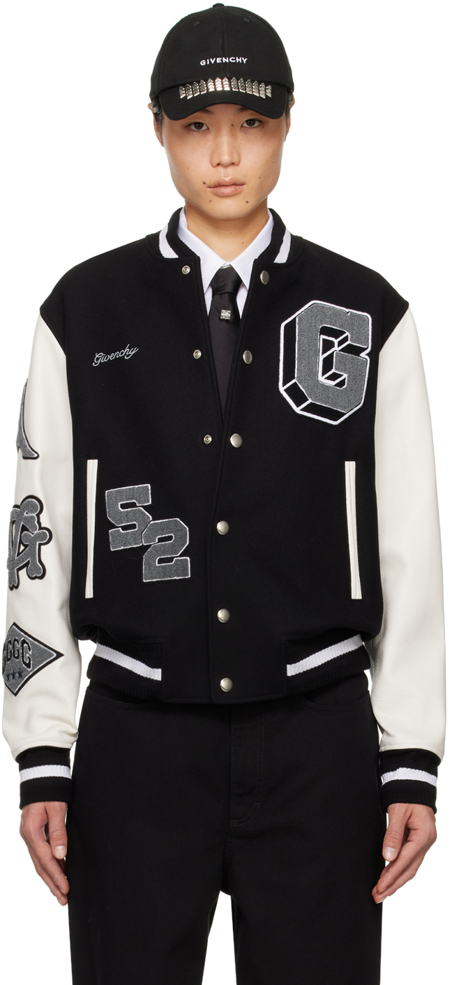 Shop Givenchy Black Embroidered Bomber Jacket In 004-black/white
