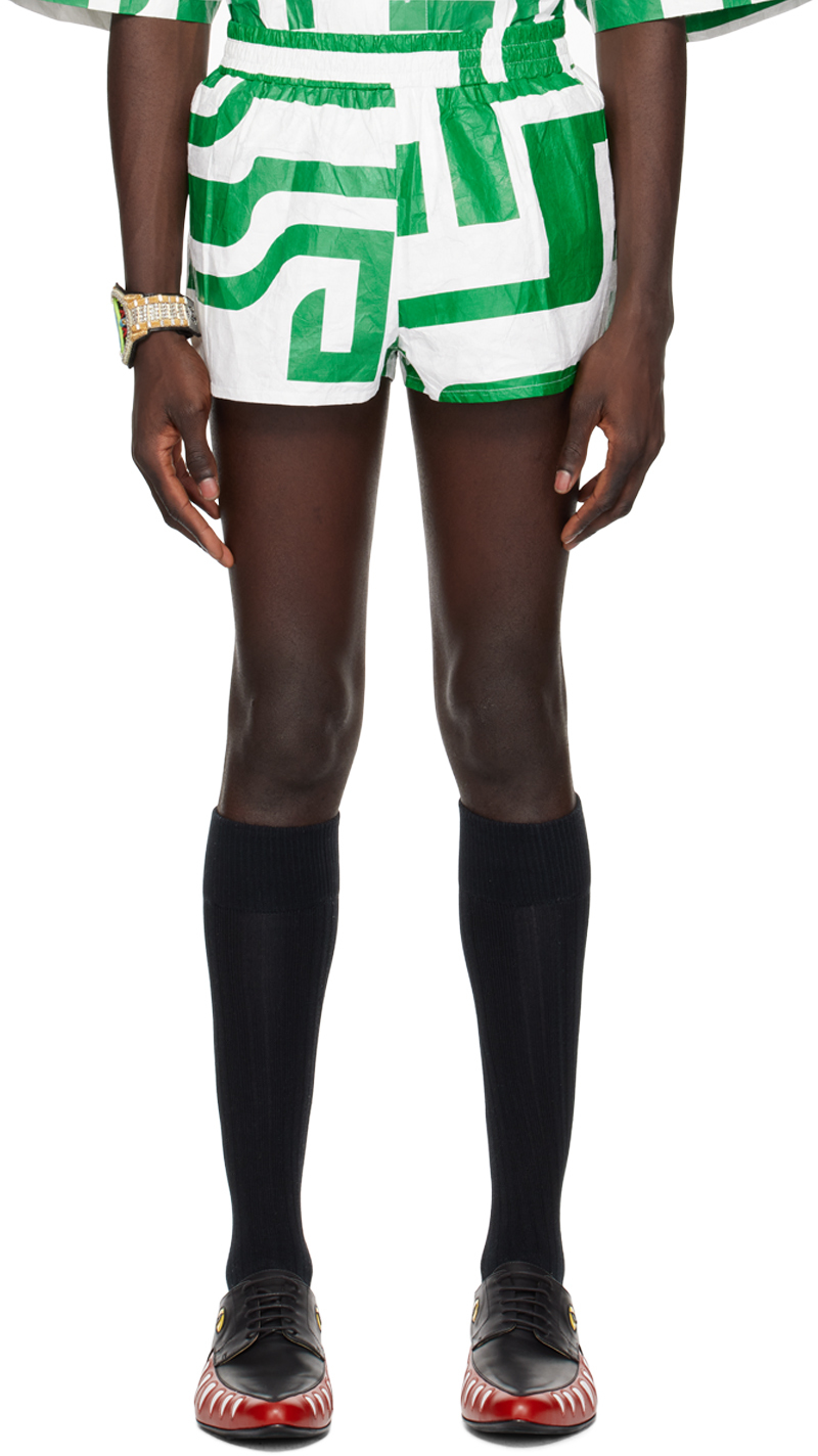 White & Green Printed Shorts by Walter Van Beirendonck on Sale
