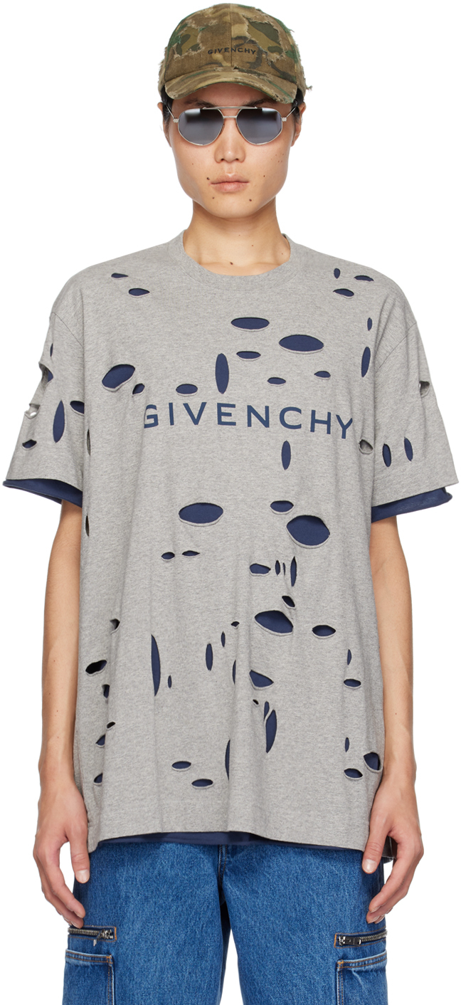 Shop Givenchy Gray & Navy Destroyed T-shirt In 063-grey/blue