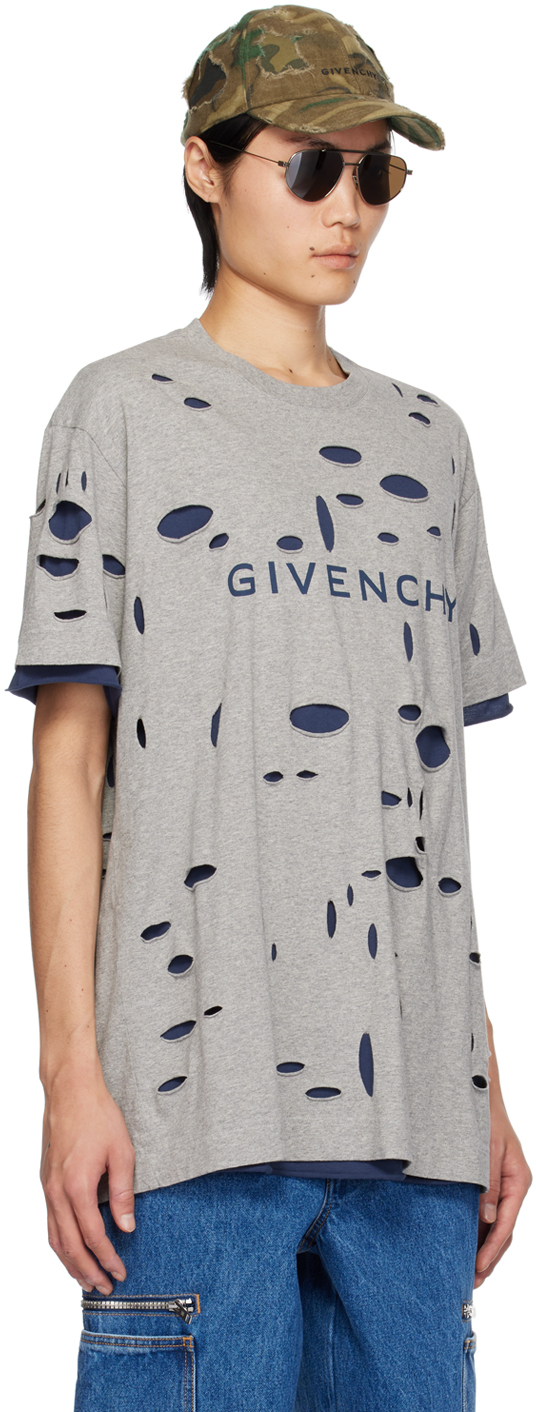 Givenchy Distressed Crewneck T-shirt In 063-grey/blue
