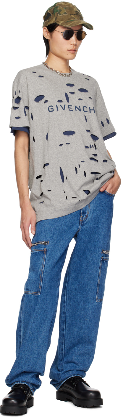 Givenchy Distressed Crewneck T-shirt In 063-grey/blue