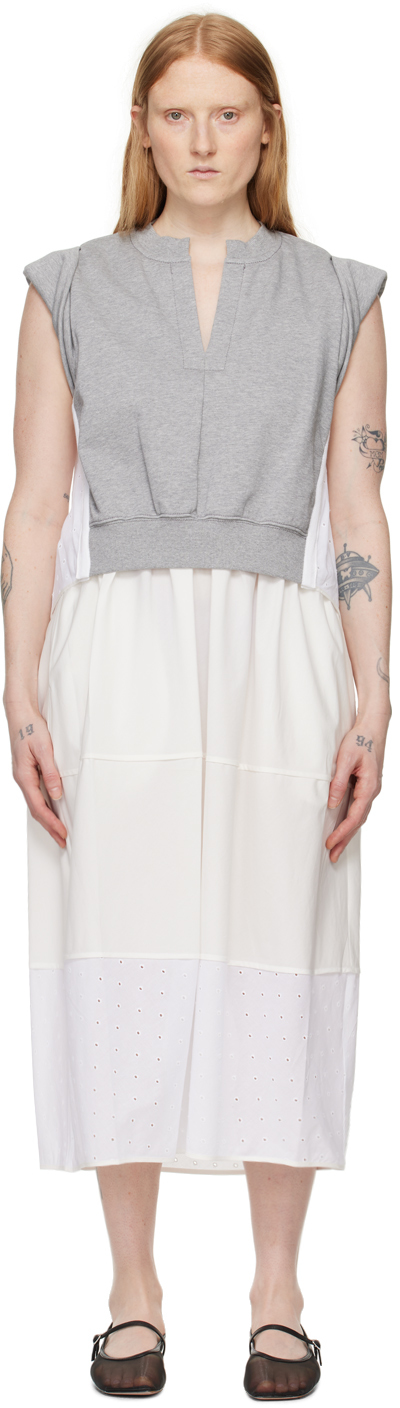 Gray & White Rolled Sleeve Midi Dress