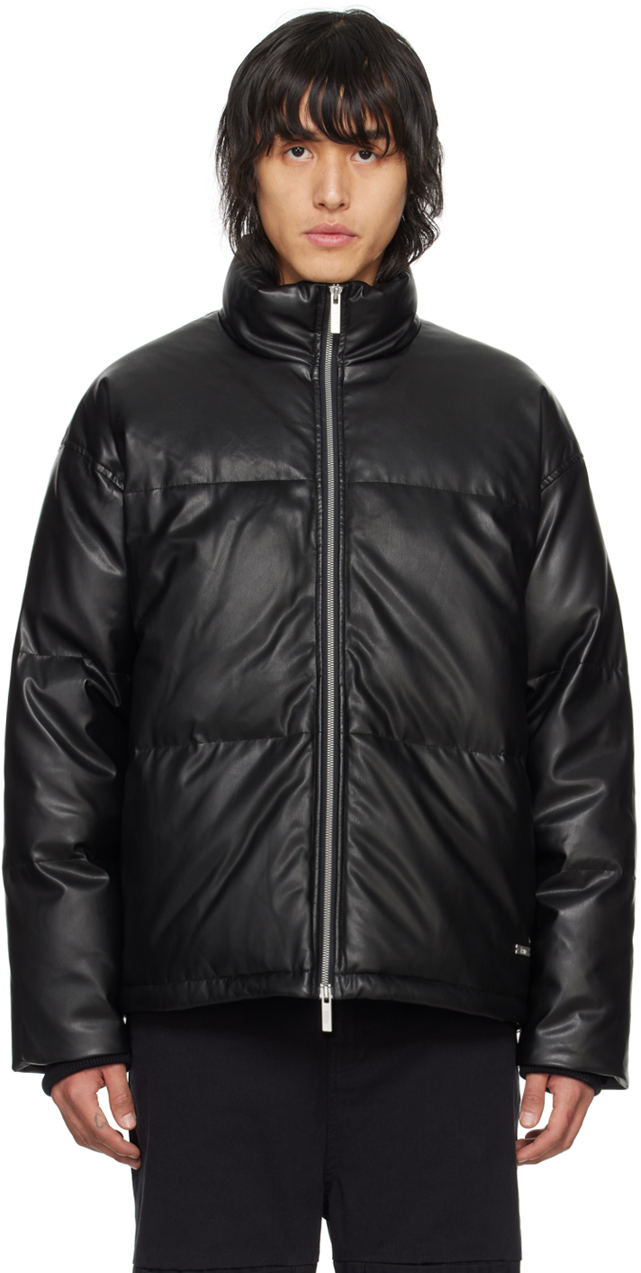 Black Quilted Faux-Leather Down Jacket